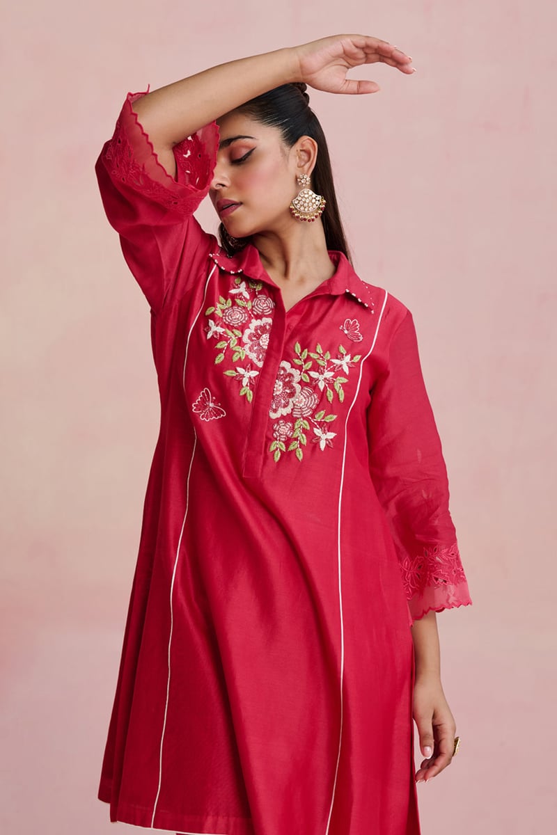 Red Chanderi Embroidered A-Line Kurta Set with Pants