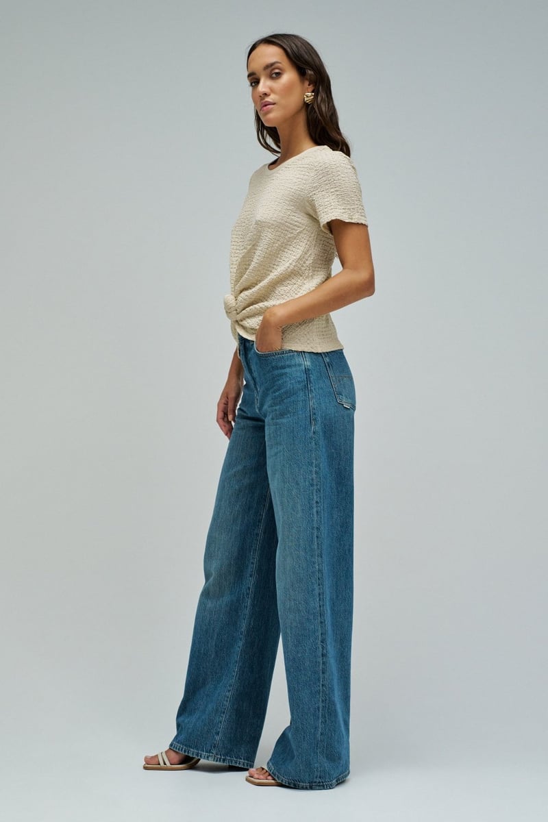 Textured Beige Round-Neck Knot-Front T-Shirt