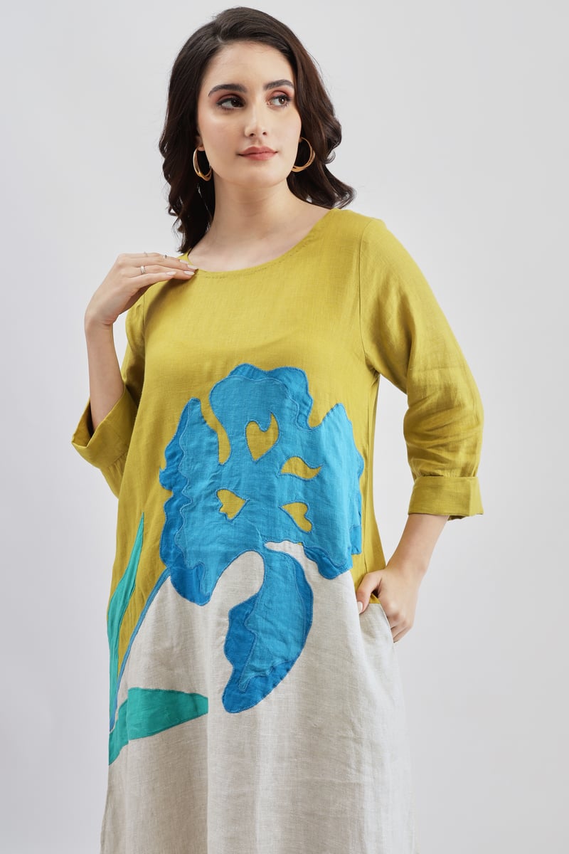 Lime Linen A-Line Midi Dress with Statement Applique
