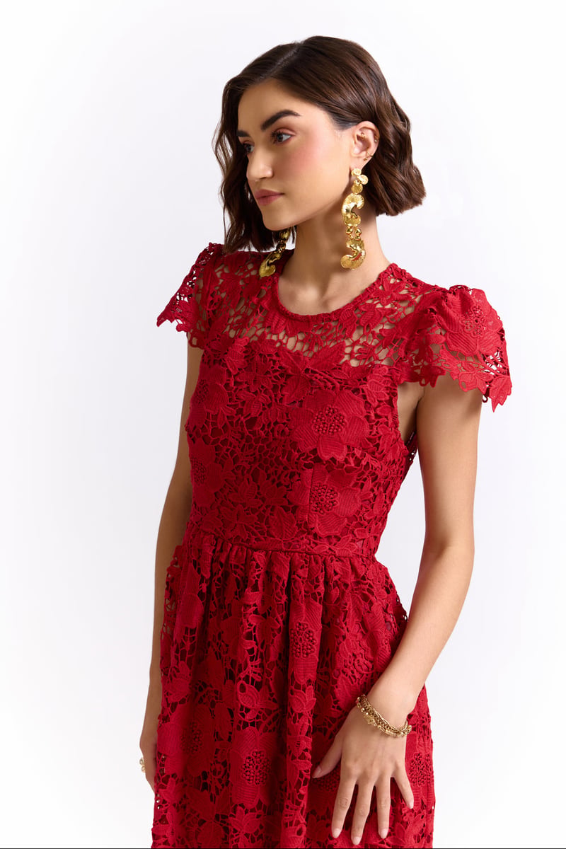 Red Lace Fit and Flare Midi Dress