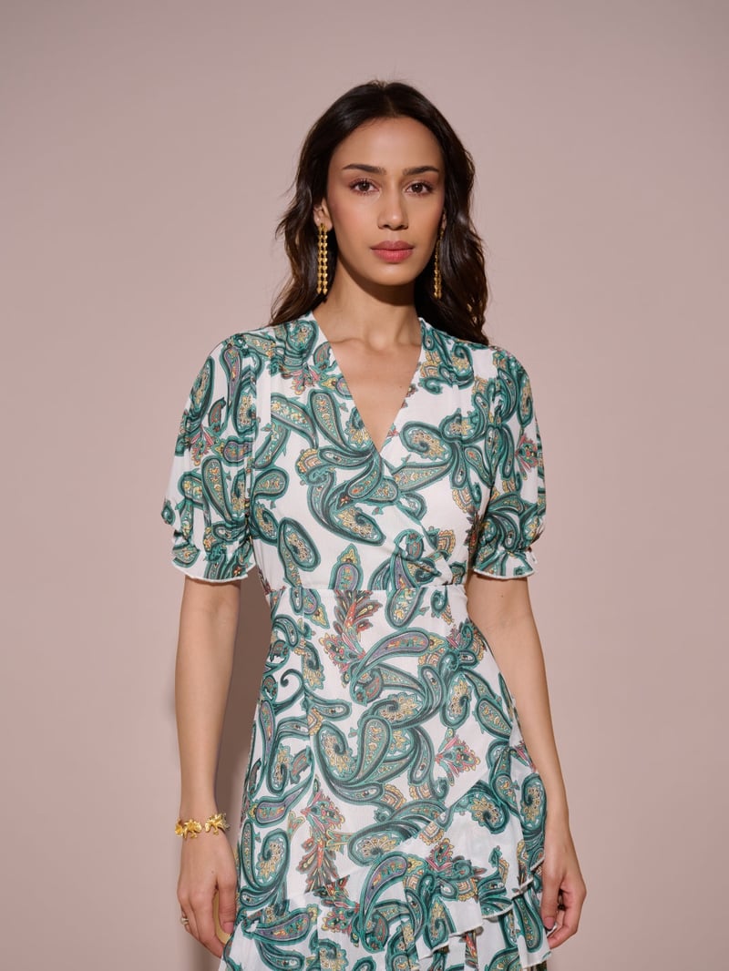 Green Paisley Print Wrap Midi Dress with Ruffle Tiers