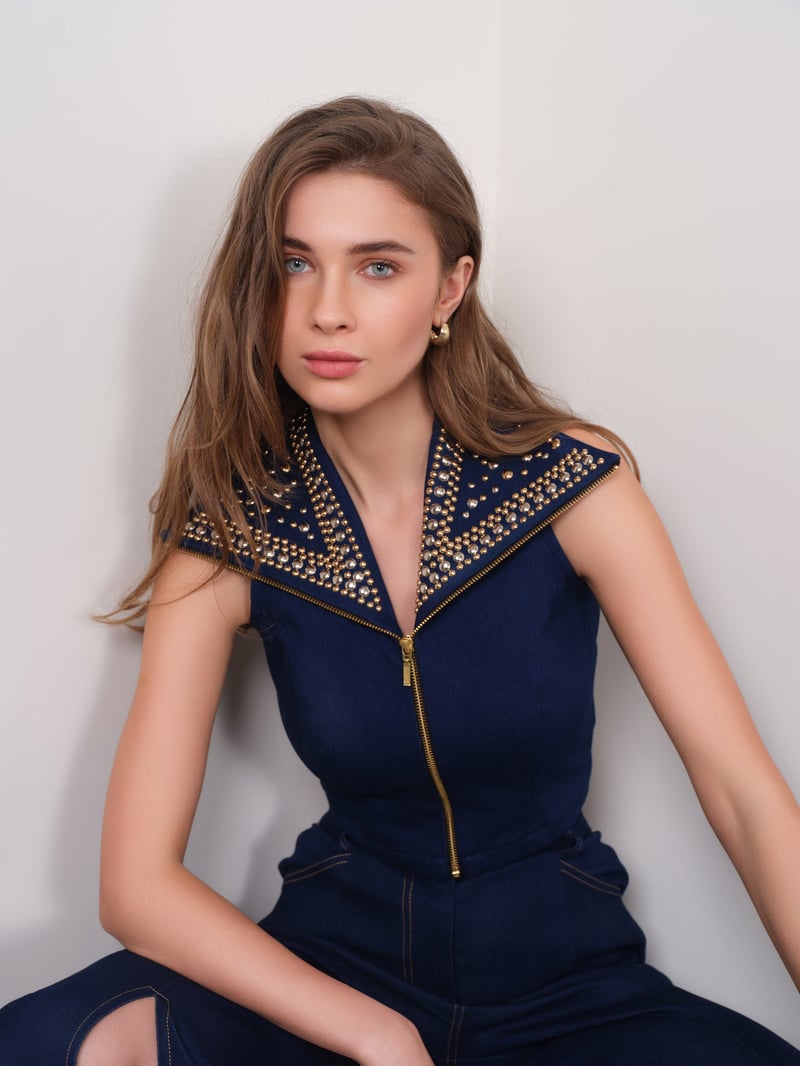 Dark Blue Studded Denim Zip-Front Crop Top
