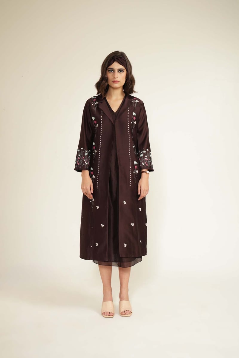 Grape V-Neck Sleeveless Midi Dress Set with Embroidered Jacket — Arcvsh Pallavi Singh