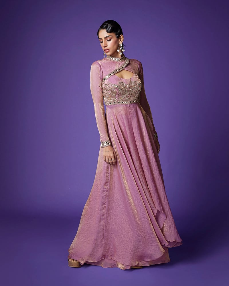 Blush Pink Shimmer Embellished High-Neck Maxi Gown