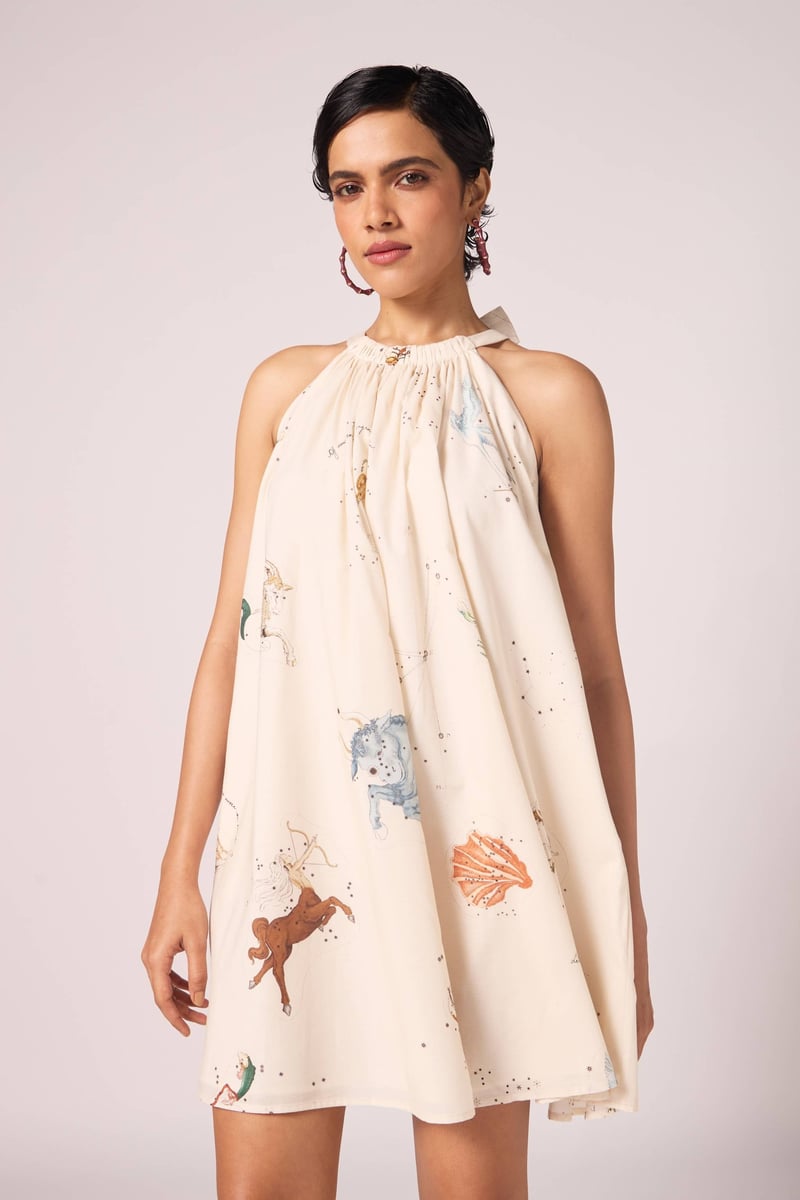 Beige Zodiac Print Halter Mini Dress with Bow-Tie Back — The Summer House
