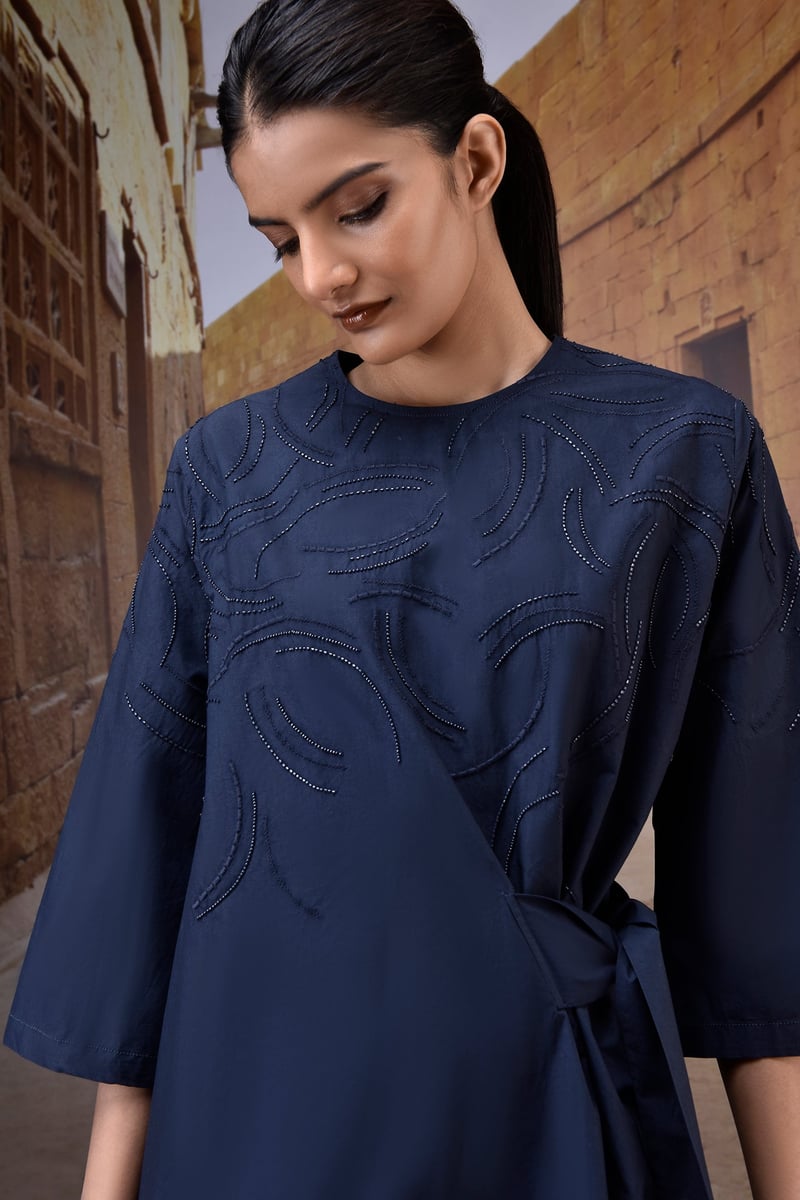 Navy Cotton Poplin Tie-Waist Straight Dress