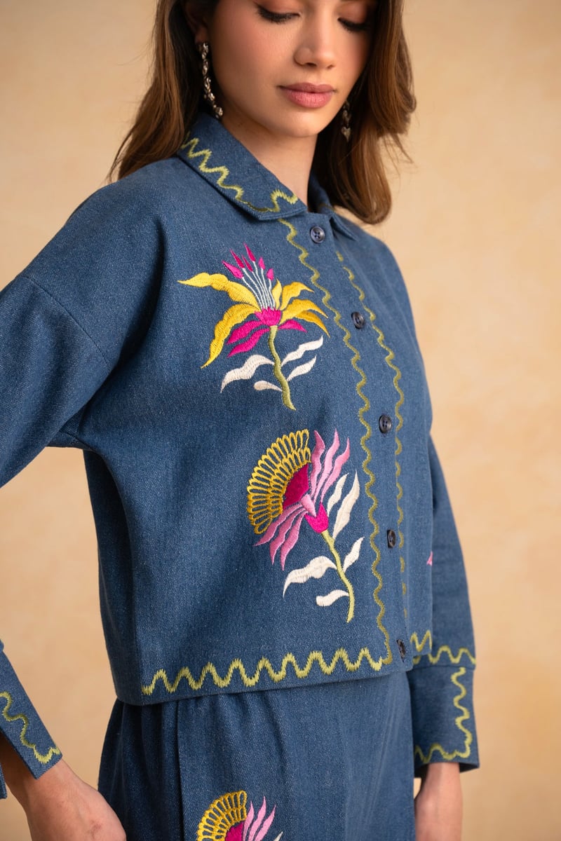 Indigo Blue Embroidered Denim Co-ord Set