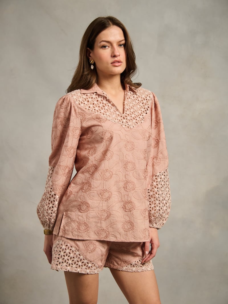 Peach Cotton Schiffli Cutwork Collared Blouse
