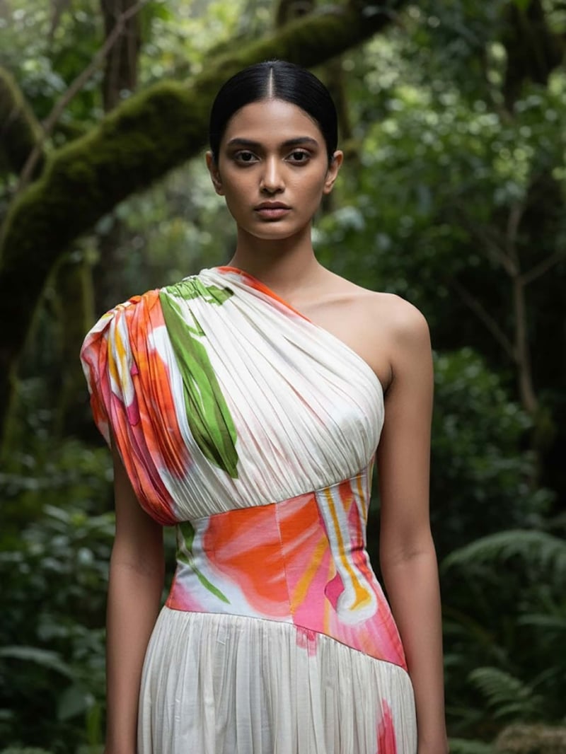 White One-Shoulder Hibiscus Printed Maxi Dress