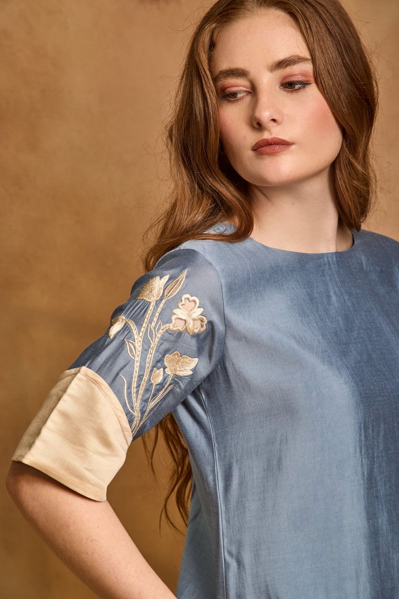 Blue and Cream Colorblocked Embroidered Co-ord Set