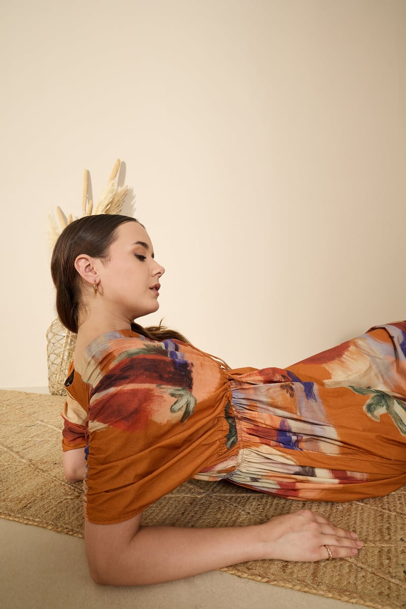 Rust Abstract Printed Cotton Poplin Maxi Dress