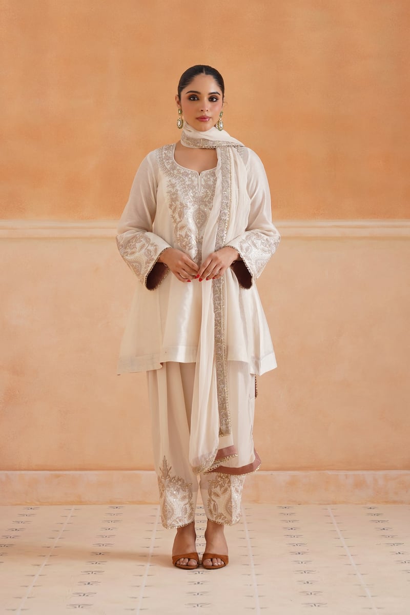 Ivory Embroidered Chanderi Kurta Set with Dupatta