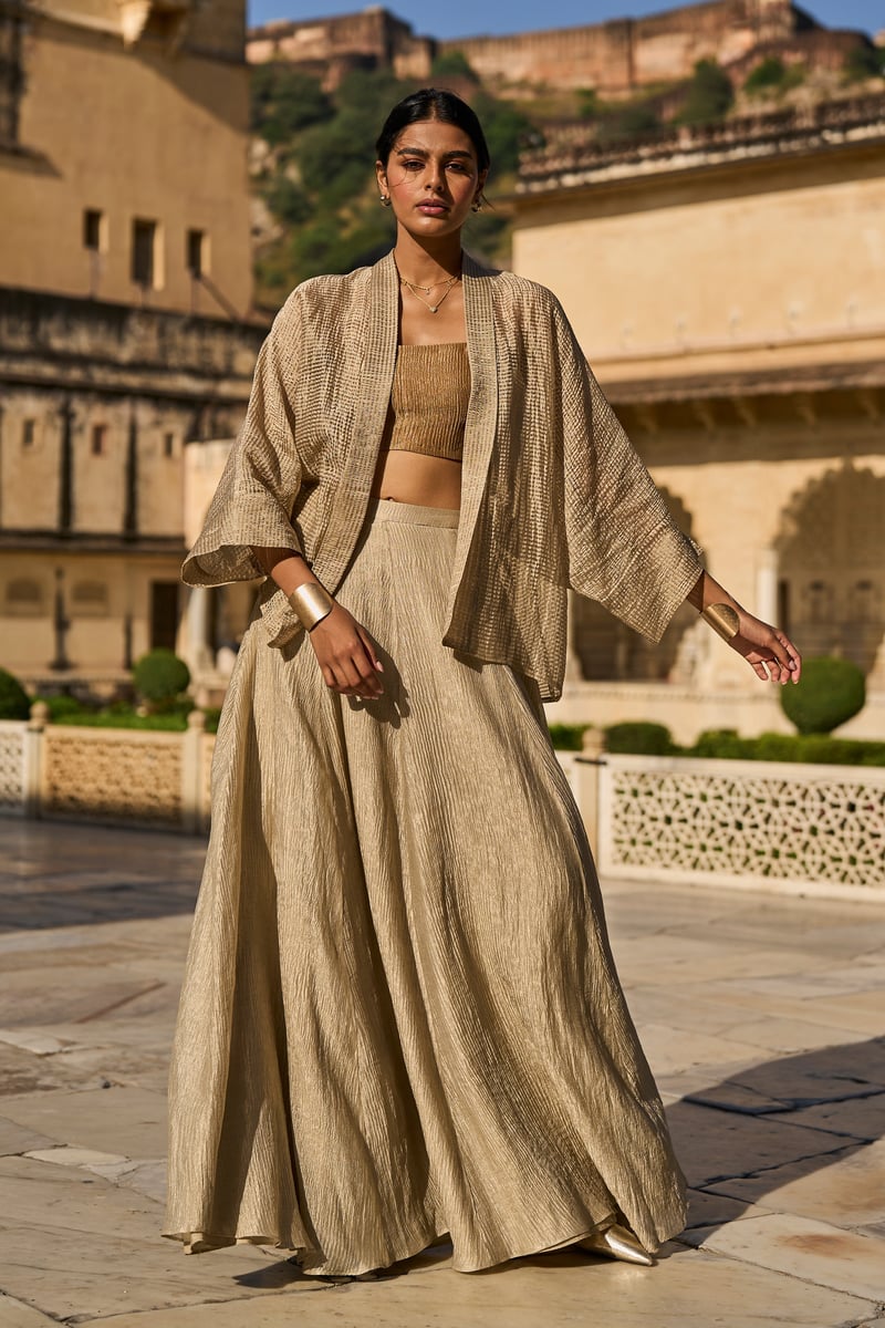 Gold Metallic Tissue Shrug with Draped Lapel Collar