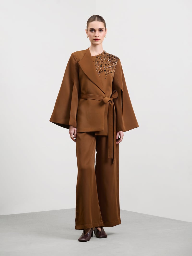 Mocha Brown Wide-Leg Trousers with Pockets