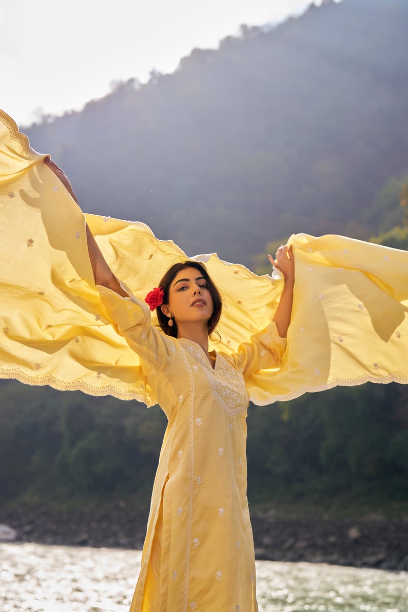 Yellow Cotton Embroidered Straight Kurta Set with Dupatta