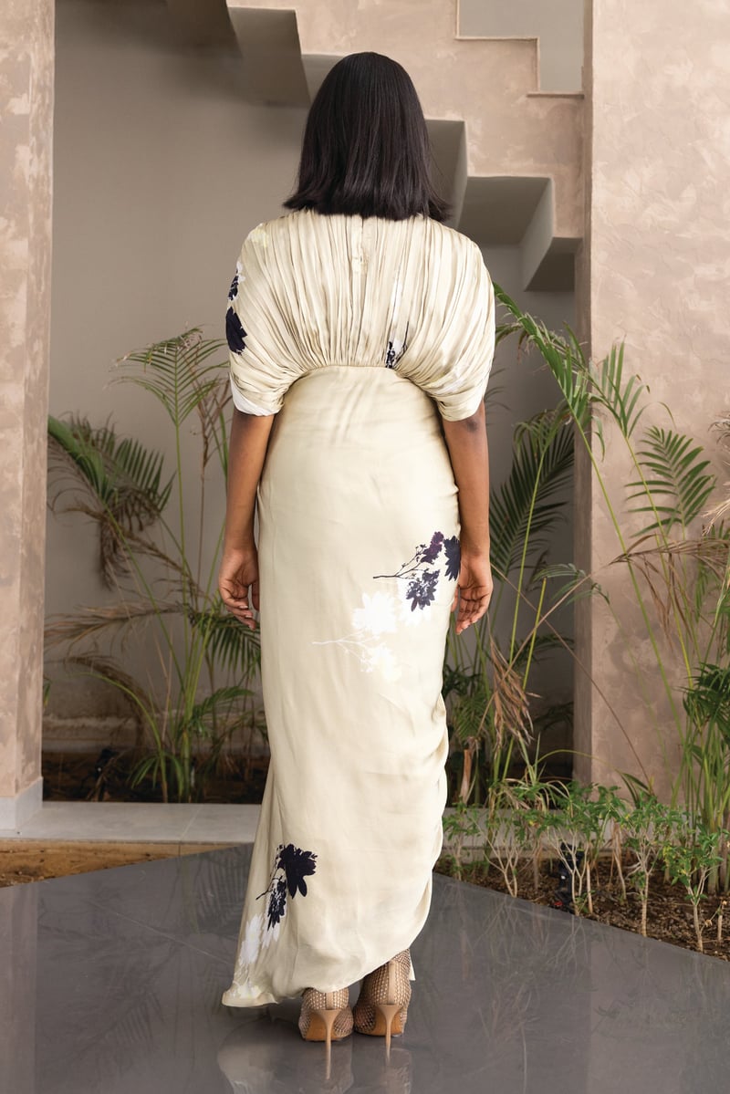Ivory Floral Print Draped Maxi Gown