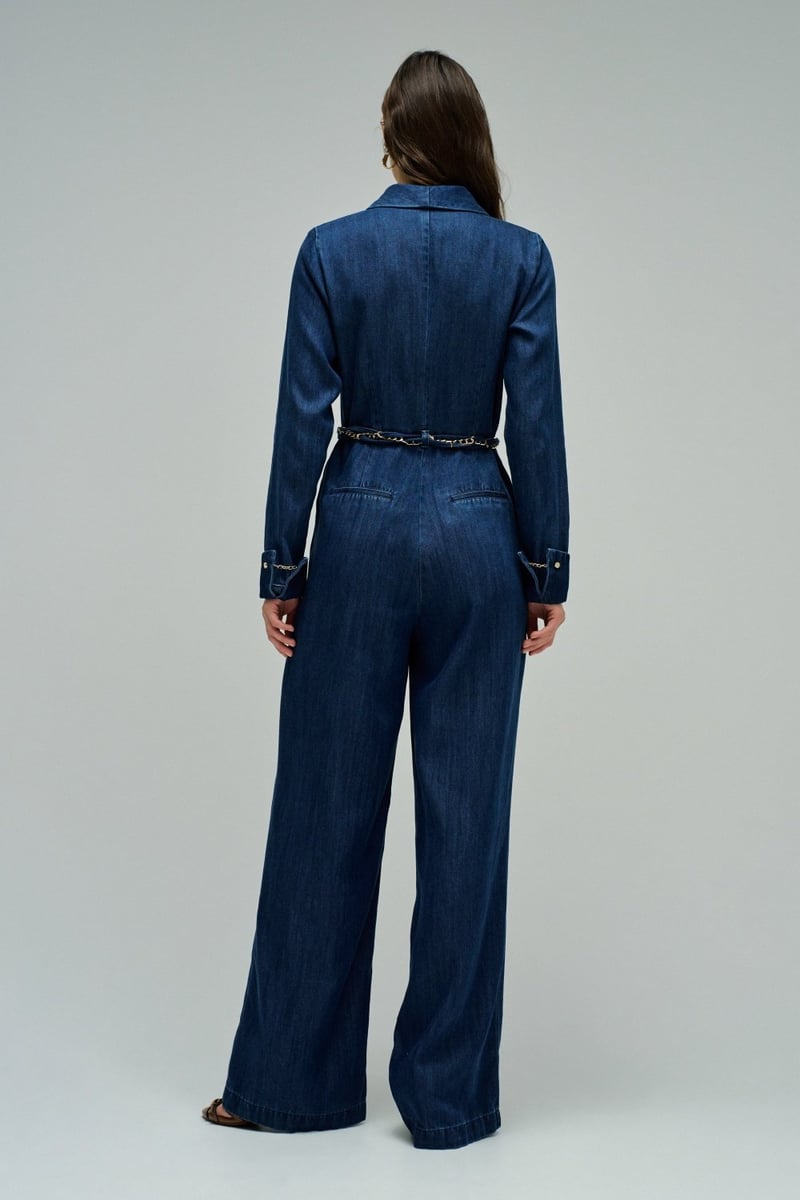 Dark Wash Wrap V-Neck Wide-Leg Jumpsuit