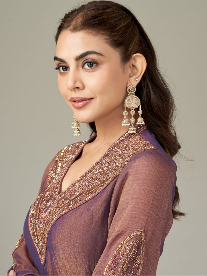 Antique Plum Shimmer Chiffon Kurta and Pant Co-ord Set