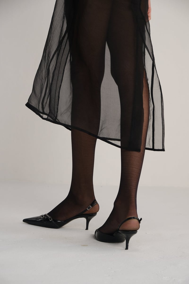 Black Sheer Organza Midi Skirt with Side Zip