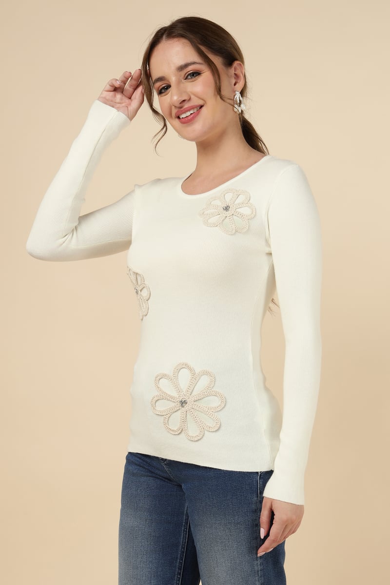 White Rib-Knit Round Neck Pullover Sweater