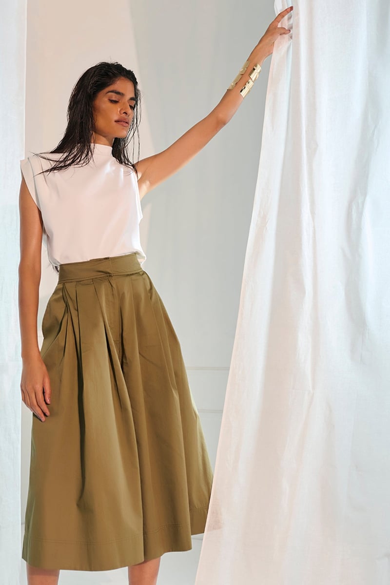 Olive Green High-Rise Pleated Culotte Skirt Pants — Unrush