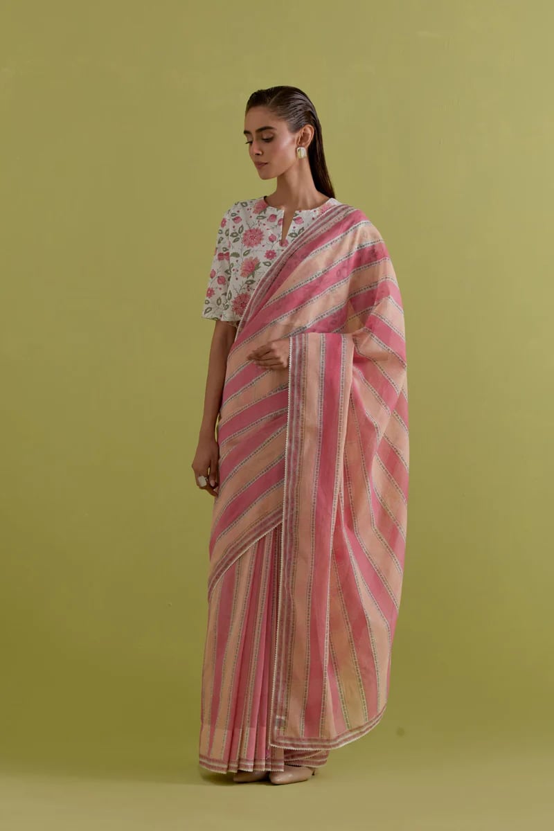 Peach Pink Cotton Chanderi Saree Highlighted