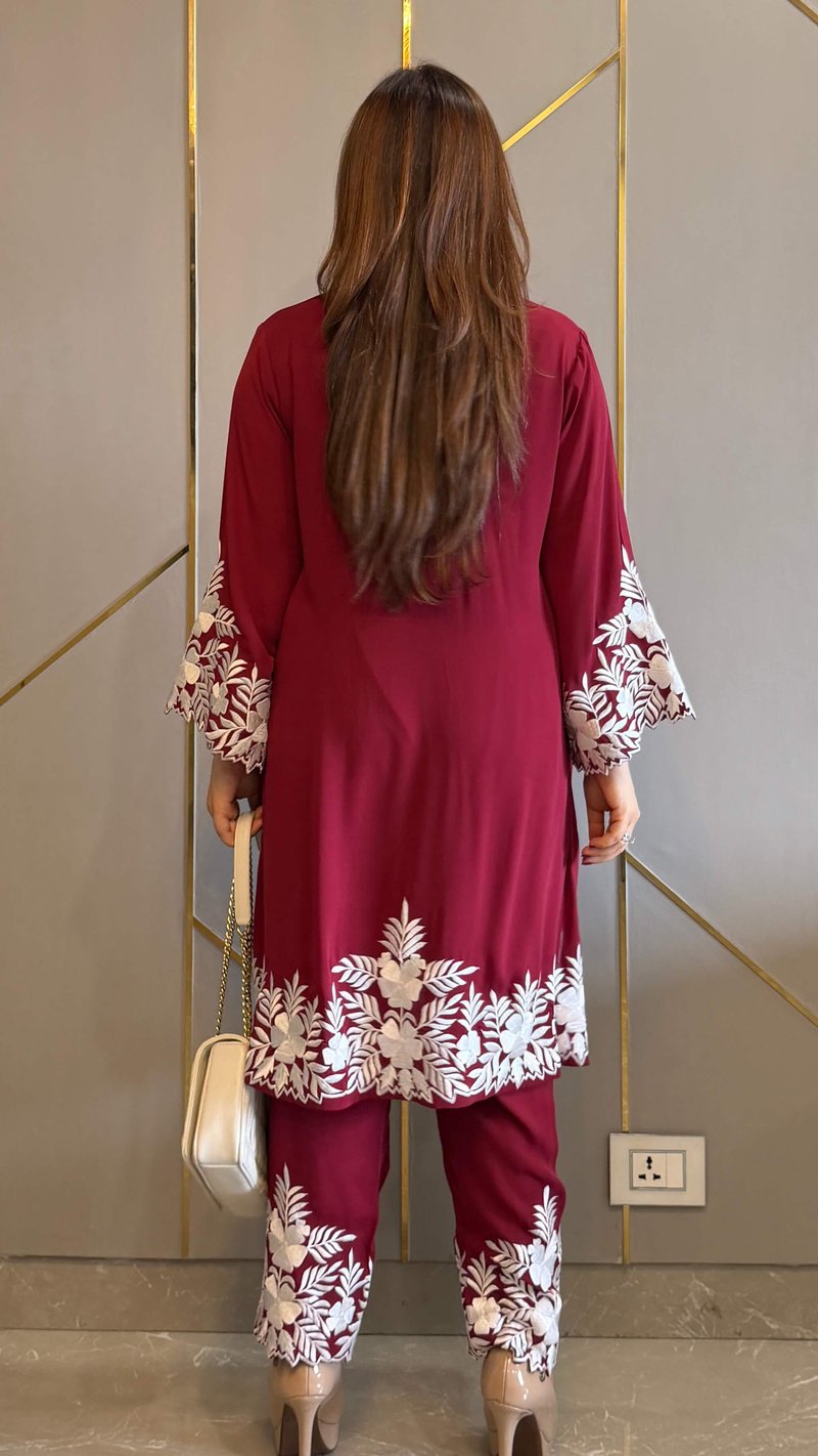 Red Royal Georgette Embroidered Kurta Pant Co-ord Set