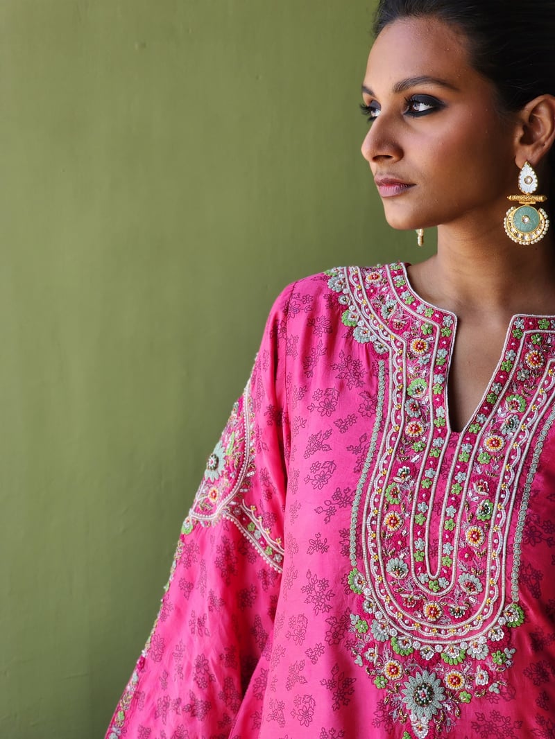 Pink Printed Embroidered Kurta Set with Dupatta