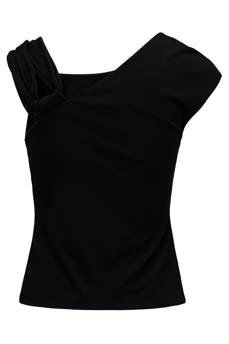 Black One-Shoulder Draped Top with Hardware Ring Detail