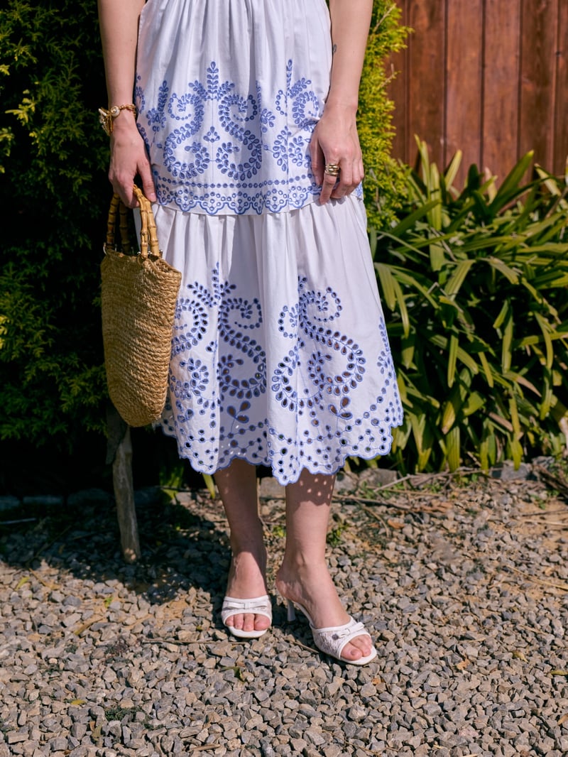 White and Blue Cutwork Tiered Cotton Midi Dress