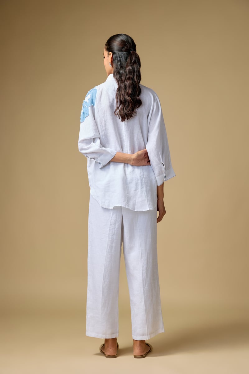 White Linen Shirt with Blue Floral Applique