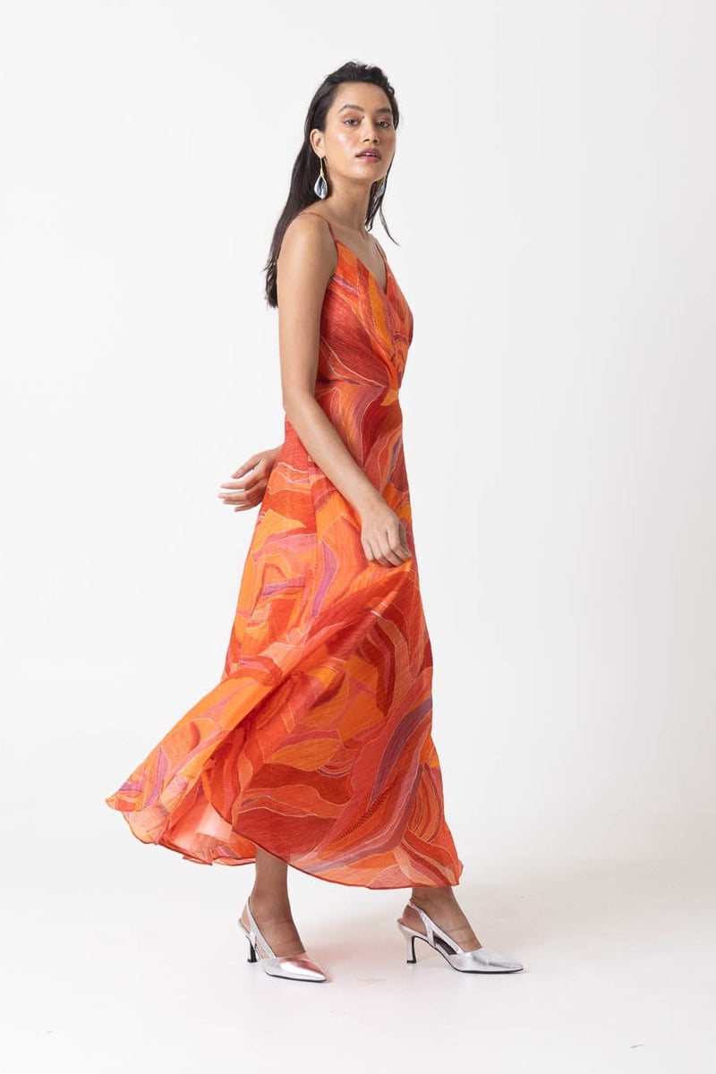 Orange Multicolor Abstract Print Fit and Flare Midi Dress