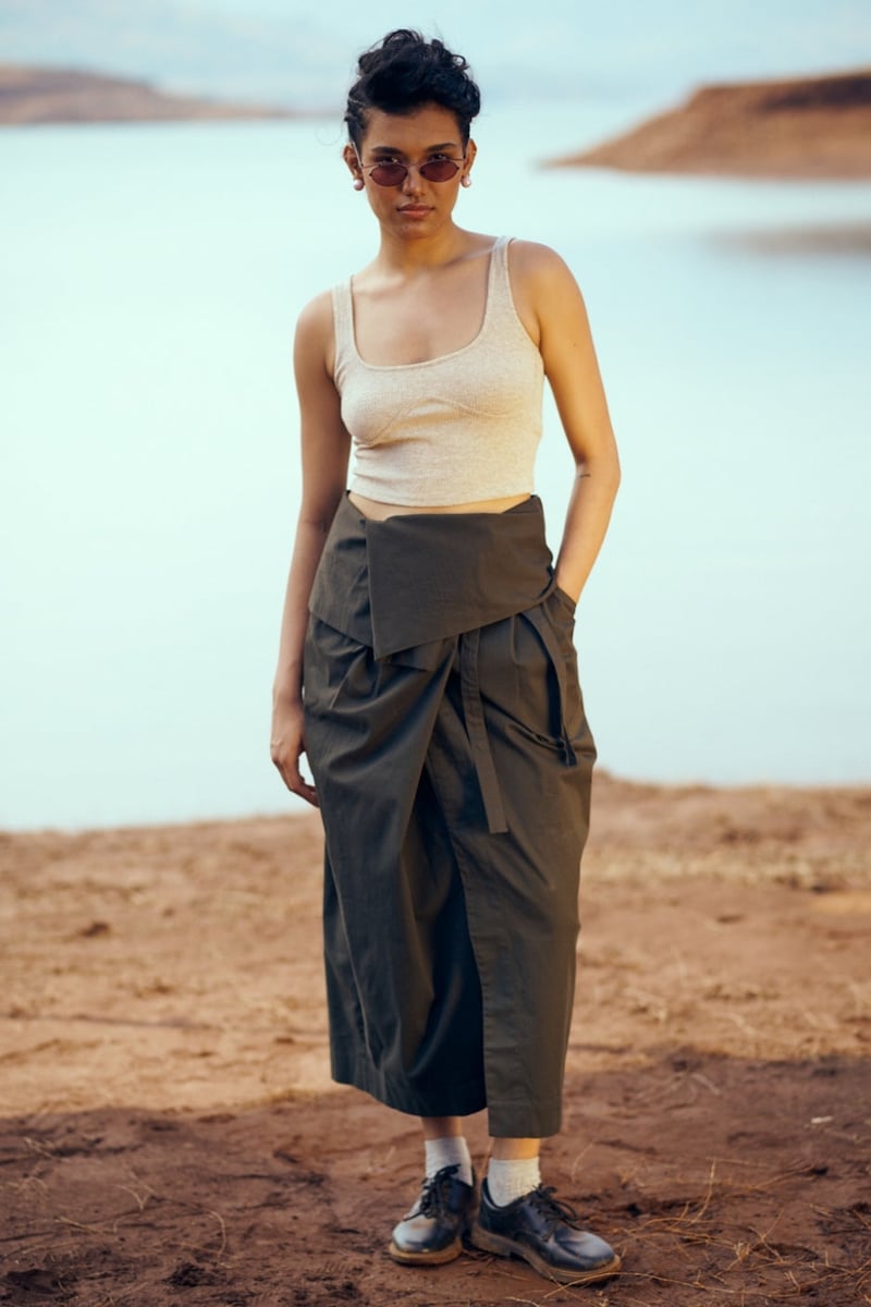 Olive Green Cotton Twill Wrap Midi Skirt with Tie Waist
