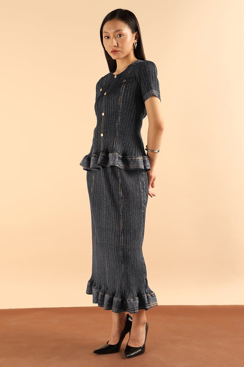 Black Button-Front Peplum Top and Maxi Skirt Co-ord Set