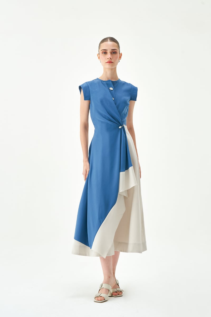 Prussian Blue and Ecru Colorblocked Midi Dress