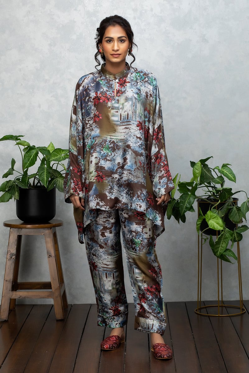 Beige Brown Silk Printed Kaftan Top and Pants Co-ord Set