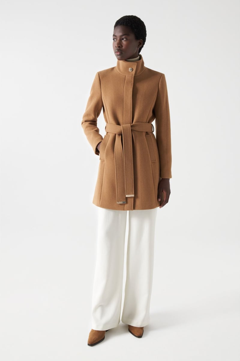 Dark Beige Wool-Blend Belted High-Neck Coat