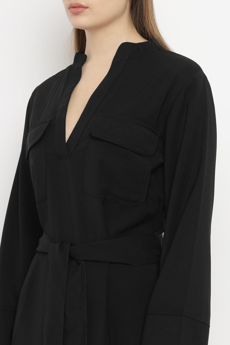 Black Belted Chemisier Mini Dress with Full Sleeves
