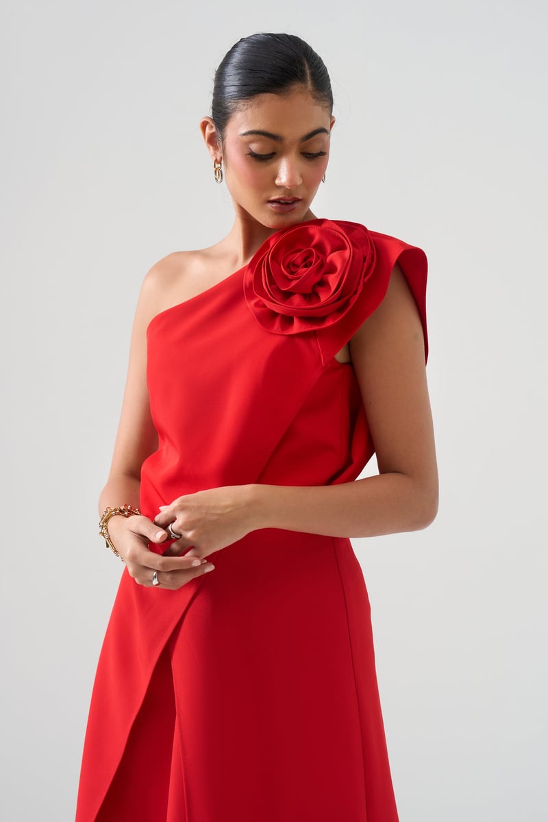Red One-Shoulder Midi Dress with Rosette Detail