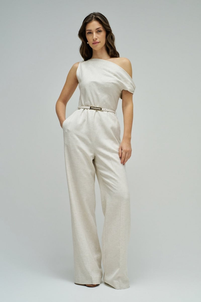 Light Pearl White One-Shoulder Wide-Leg Jumpsuit