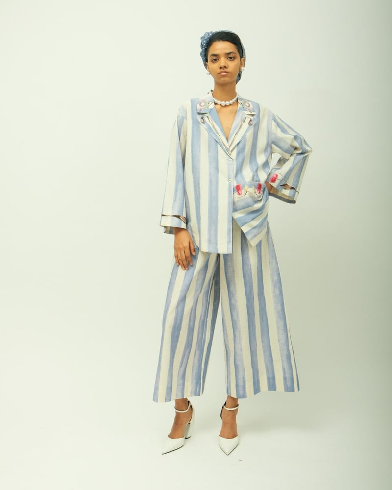 Ice Blue Printed Poplin Culottes with Drawstring Waist