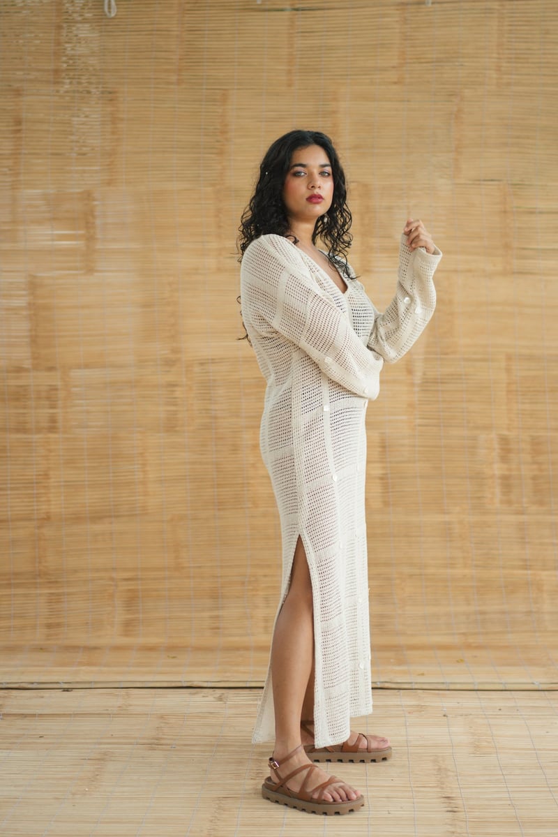Beige Crochet Net Cover-Up Maxi Dress with Side Slits