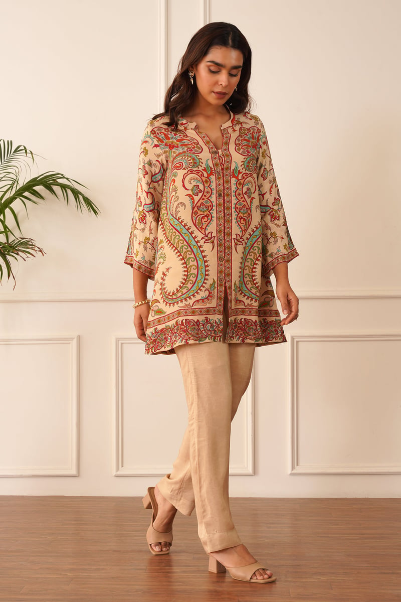 Beige Printed Crepe Co-ord Set with Straight Pants