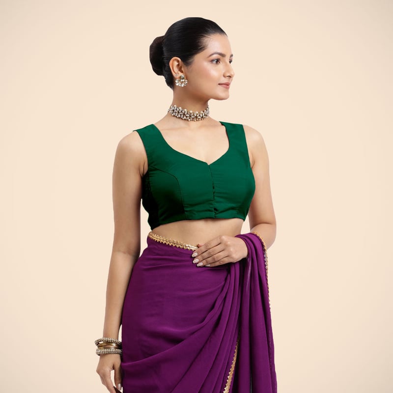 Bottle Green Sleeveless V-Neck Front Open Saree Blouse