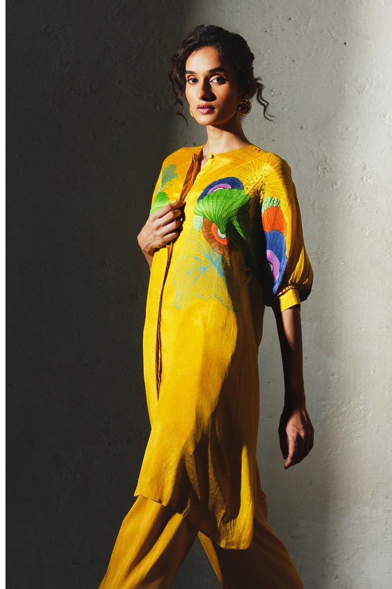 Yellow Printed Straight Kurta Set with Keyhole Neck