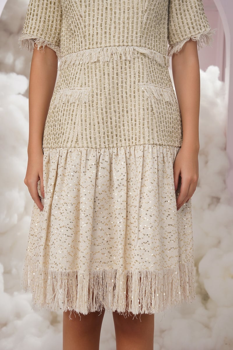 White Textured Tweed Sequin Tiered Knee-Length Dress