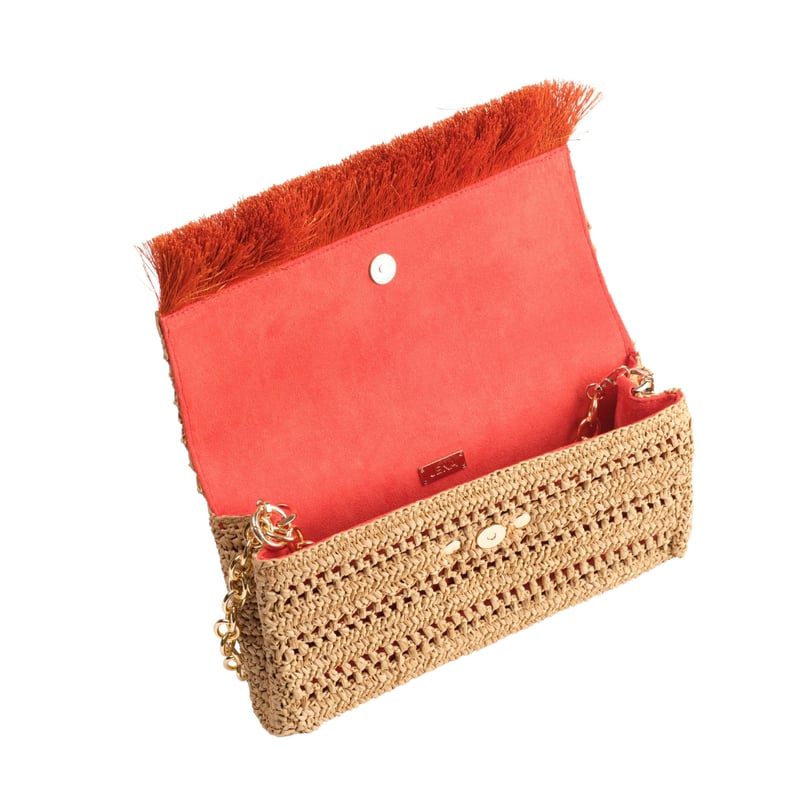 Jena Slim Raffia Clutch With Gold Emblem
