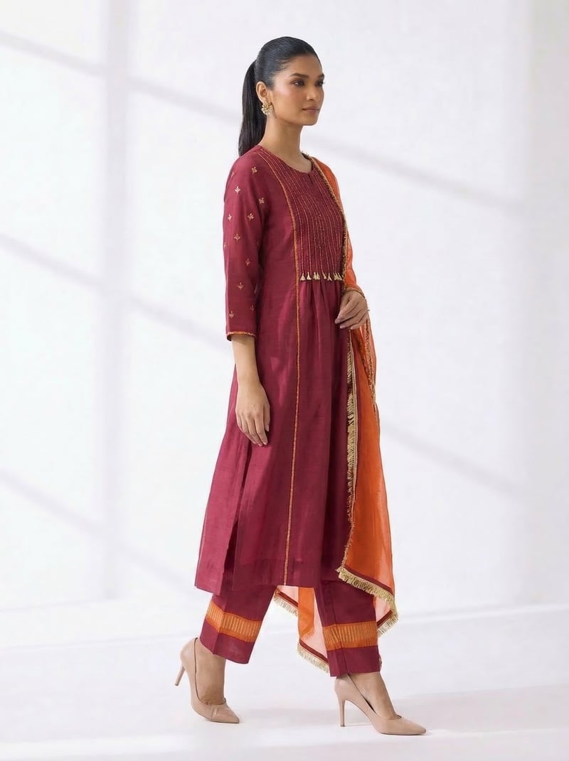 Maroon Flared Kurta Pant Set with Orange Dupatta