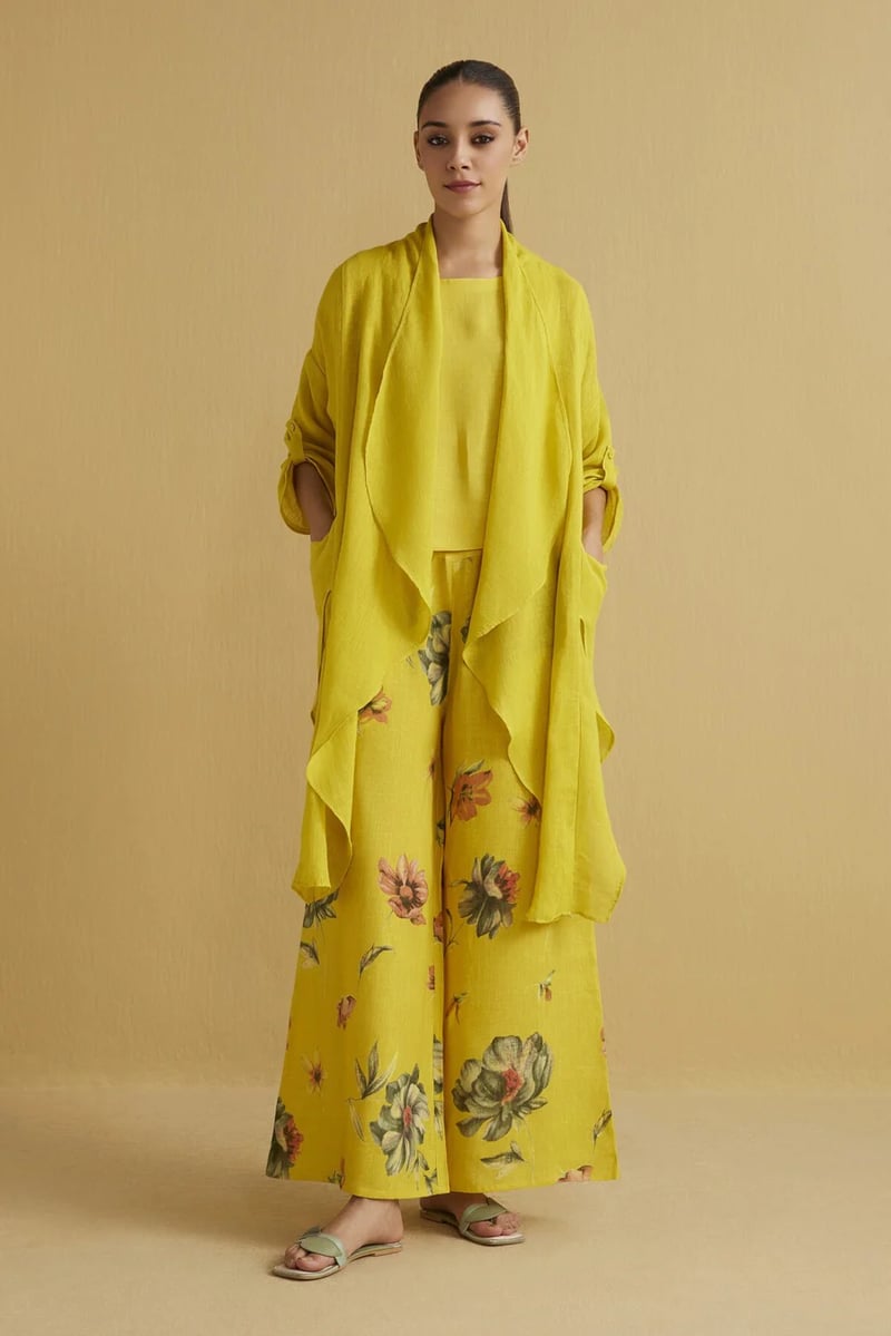 Yellow Linen Waterfall Cape with Pockets