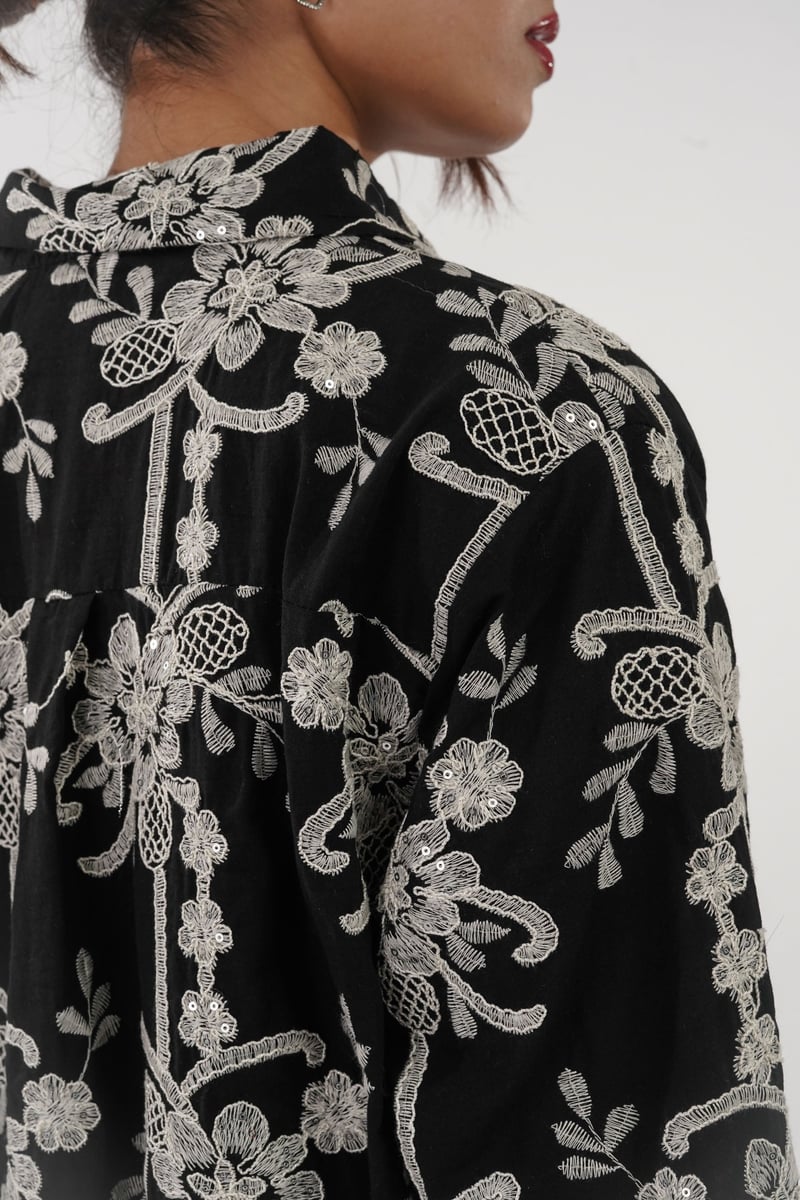 Black Embroidered and Embellished Button-Down Shirt